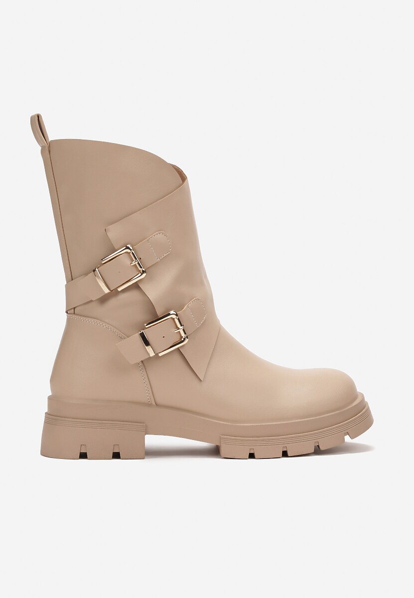 Ciemnobeżowe Botki z Klamerkami na Grubej Podeszwie Tisela