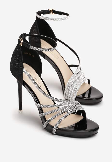 Czarne Sandały z Paskami w Cyrkonie na Szpilce Sertia