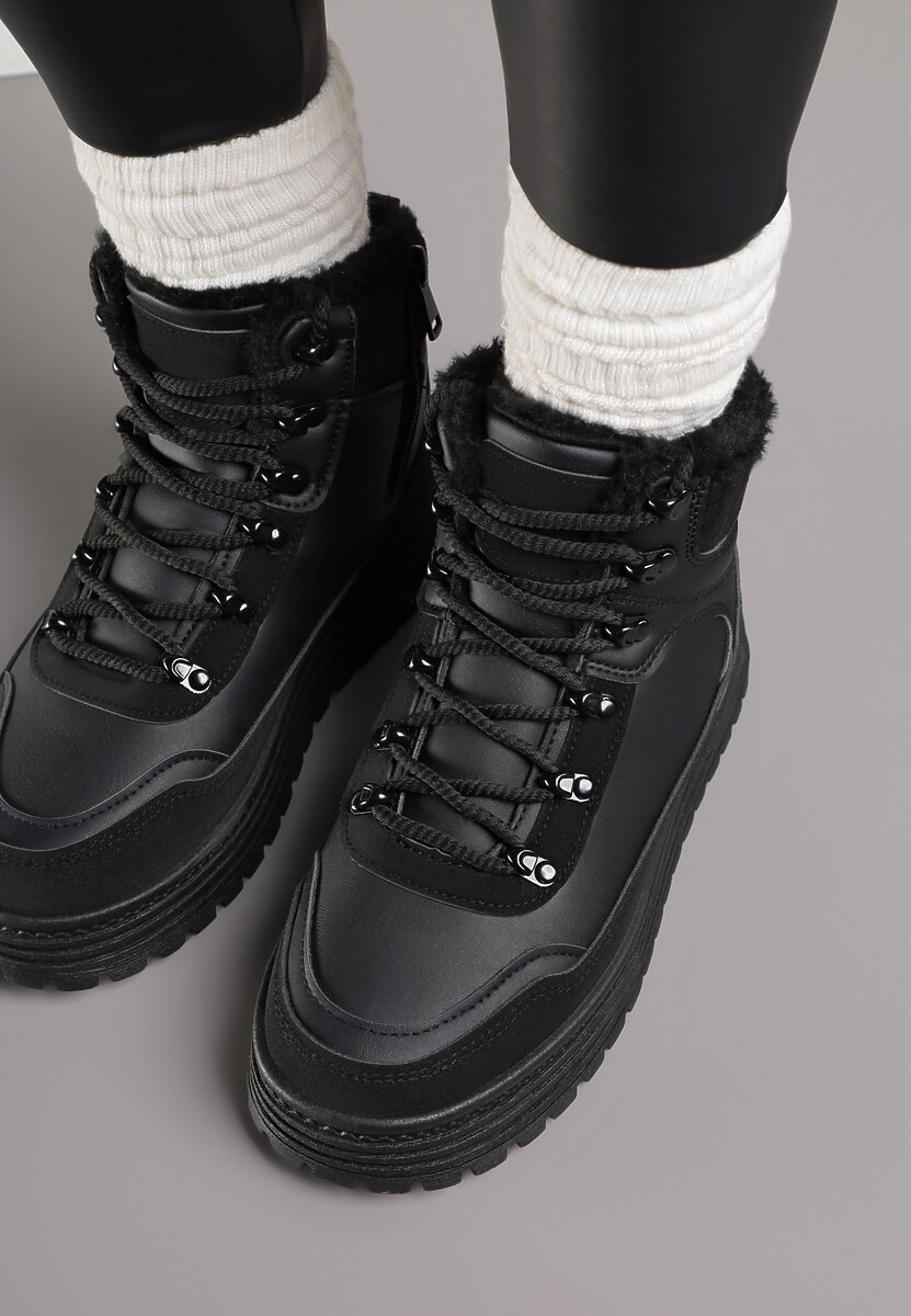 Czarne Sneakersy w Stylu Traperów na Platformie Ewedora