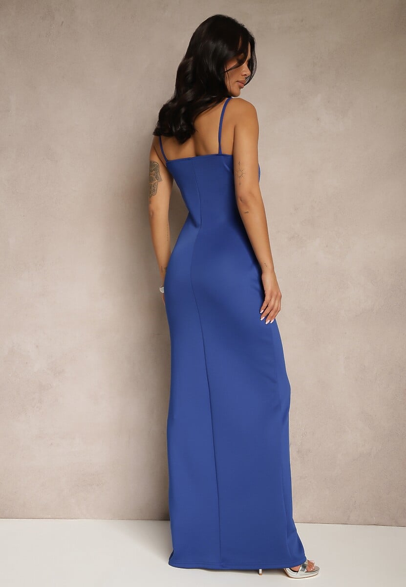 Niebieska Sukienka Koktajlowa Ozdobiona Marszczeniem i Rozcięciem na Nogę Liosilia