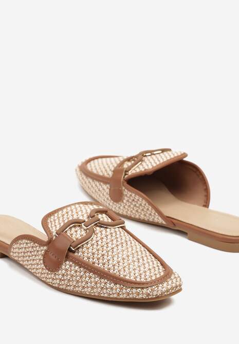 Brązowe Klapki Mule Ozdobione Plecionką i Klamrą Nimiriella