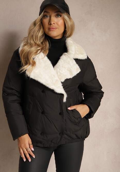 Czarna Kurtka Ozdobiona Pikowaniem Kołnierzem z Futerkiem i Napami Deolina