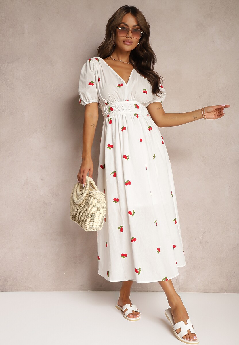 Biała Rozkloszowana Koktajlowa Sukienka z Bawełny z Gumką w Talii i Haftem z Wisienkami Vimasina