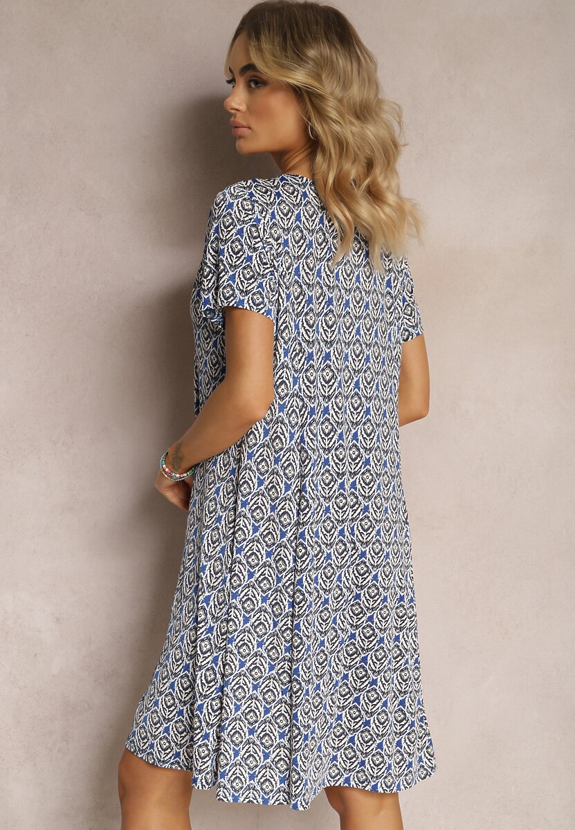 Niebieska Wiskozowa Sukienka o Rozkloszowanym Fasonie z Ornamentalnym Wzorem Jasminas