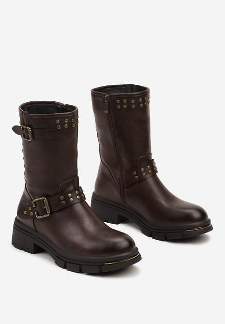 Ciemnobrązowe Motocyklowe Botki Ozdobione Nitami i Klamrami przy Cholewce Ezirra