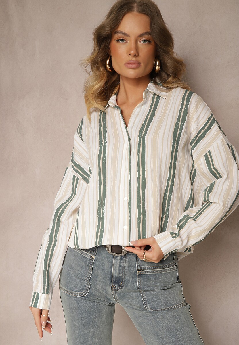 Beżowo-Niebieska Casualowa Koszula z Bawełny w Paski Sileata