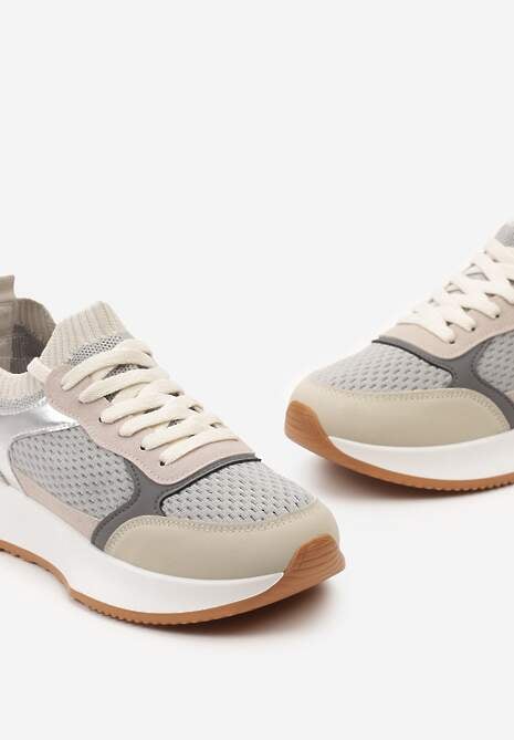 Szaro-Beżowe Wsuwane Sneakersy na Platformie ze Sznurowaniem i Metalicznymi Wstawkami Nercea