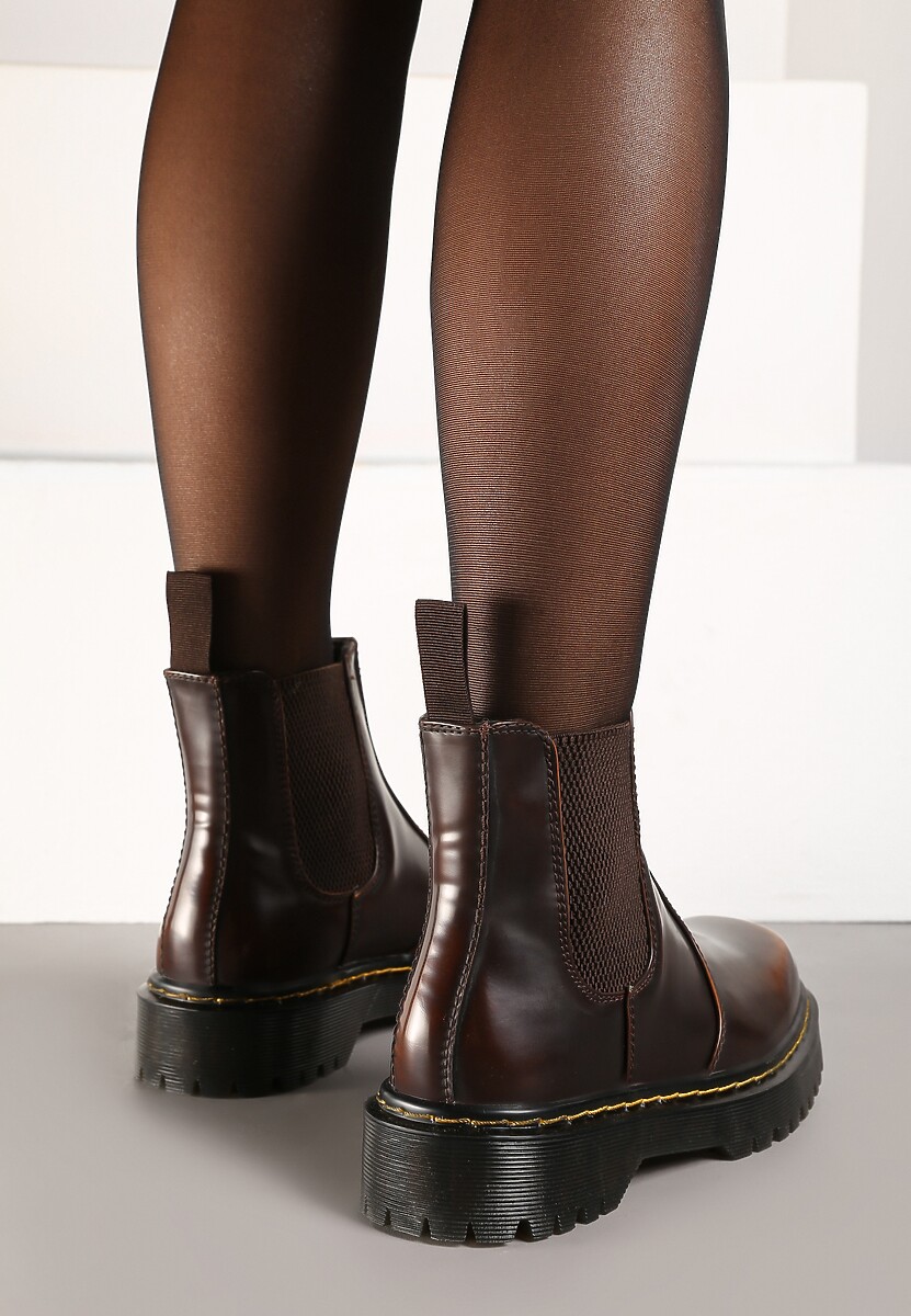 Brązowe Casualowe Płaskie Botki Sztyblety Irivarae