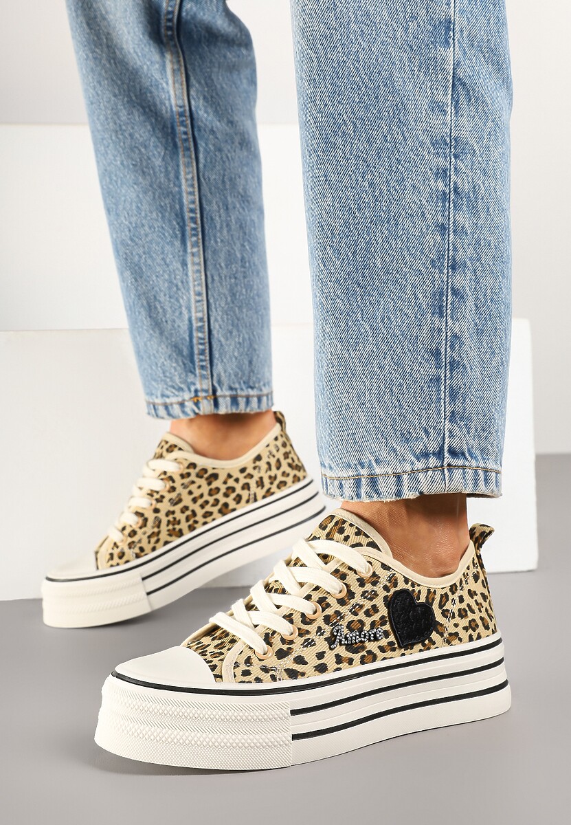 Panterkowe Trampki na Grubej Podeszwie z Aplikacją i Napisem Eheria