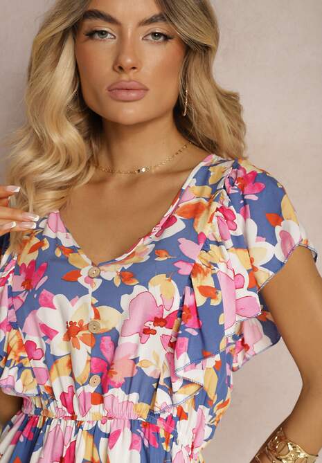 Niebiesko-Różowa Taliowana Bawełniana Sukienka w Kwiaty z Falbanami przy Ramionach z Gumką w Talii Nelova