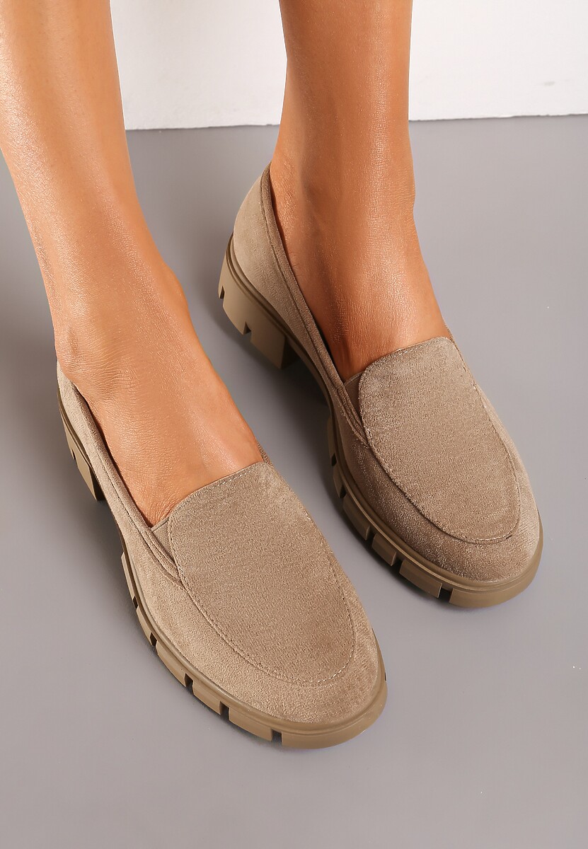 Ciemnobeżowe Mokasyny ze Skórzaną Wkładką i Grubą Ozdobną Podeszwą Viole