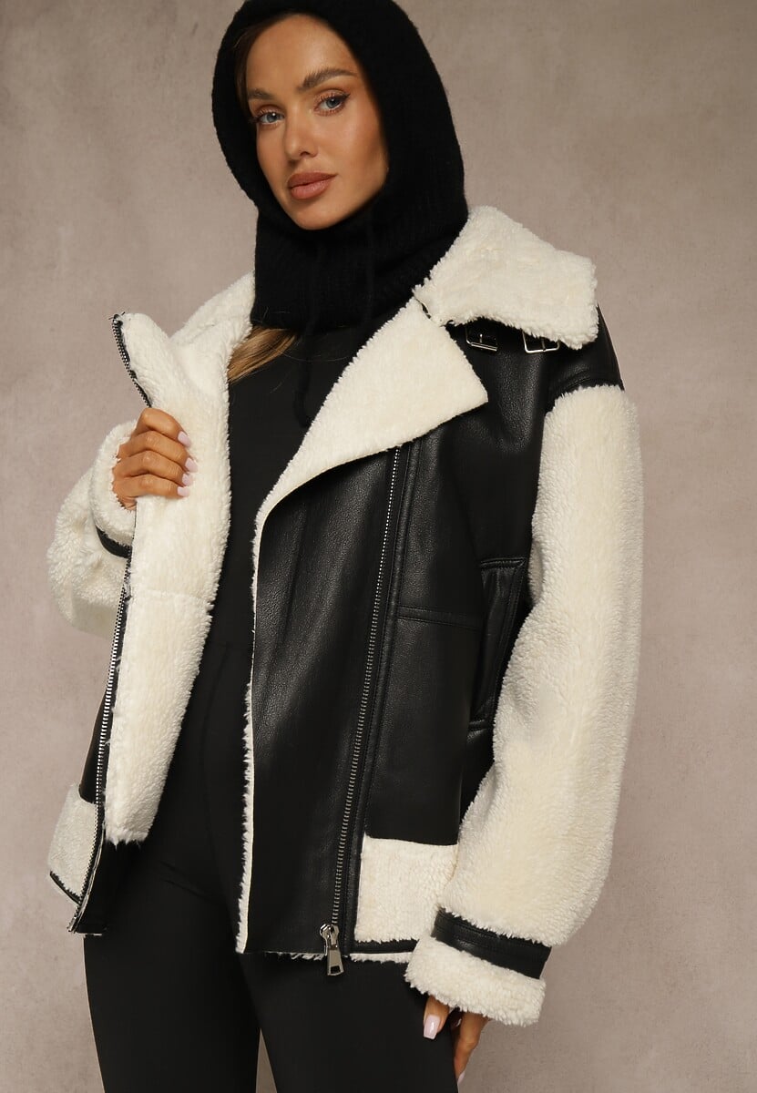 Czarno-Biała Kurtka Ramoneska z Futerkiem Mysteri