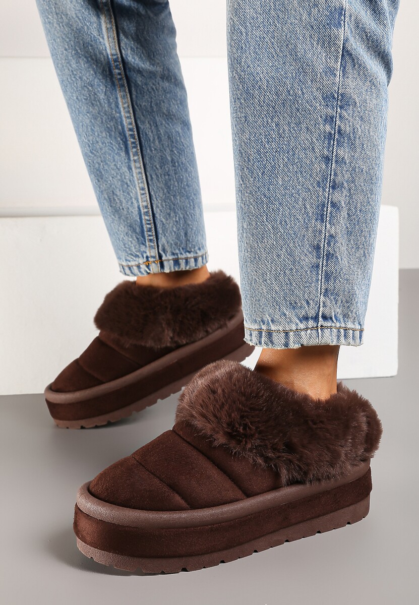 Brązowe Niskie Śniegowce Ekozamszowe na Platformie z Pikowaniem i Futerkiem Realira