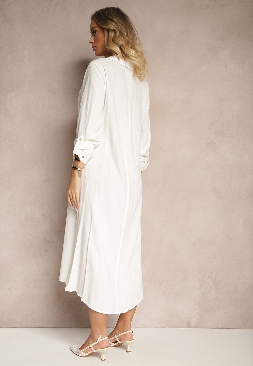 Biała Sukienka Koszulowa z Wiskozą Lnem i Regulacją przy Rękawach Florvezia