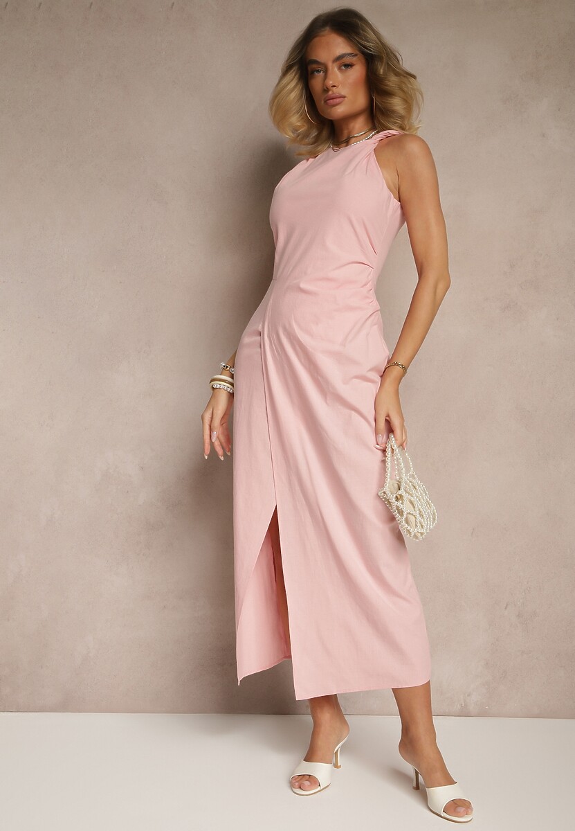 Różowa Sukienka Dopasowana z Bawełny i Wiskozy z Rozcięciem Tunaria