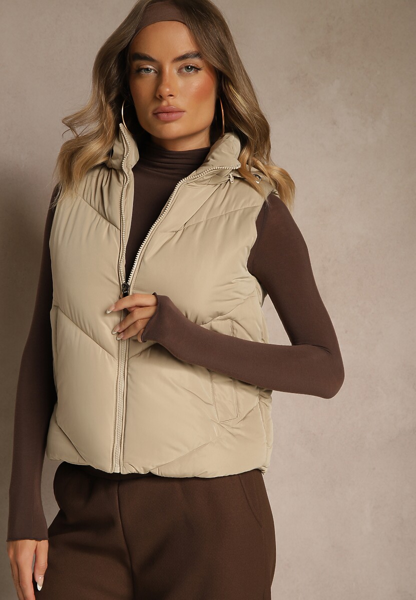 Ciemnobeżowa Pikowana Kamizelka Casual z Kapturem Olanissa