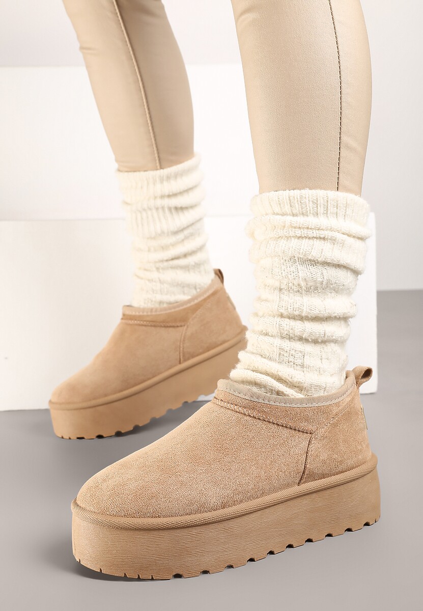 Ciemnobeżowe Śniegowce z Krótką Cholewką na Grubej Podeszwie Werilie