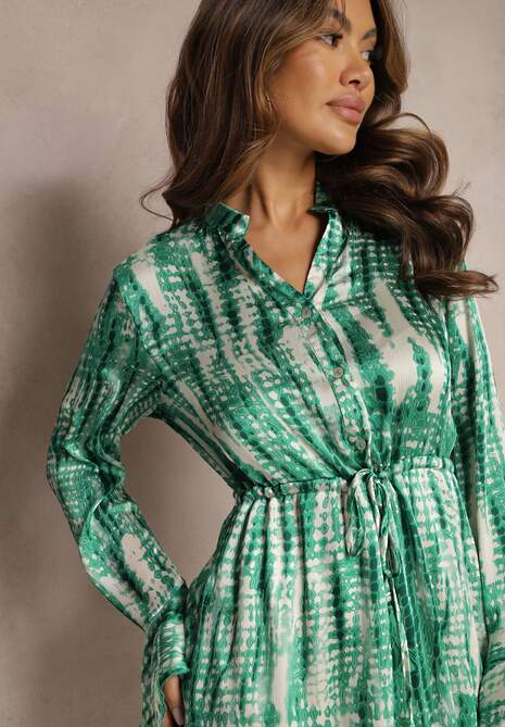 Zielona Rozkloszowana Sukienka w Akwarelowy Wzór z Falbankami Heava