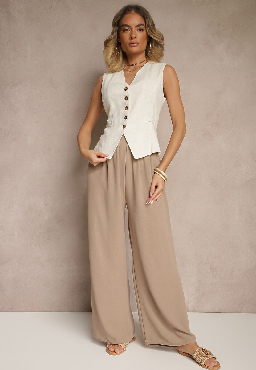 Ciemnobeżowe Szerokie Spodnie High Waist z Wiązaniem w Talii Reivaritta