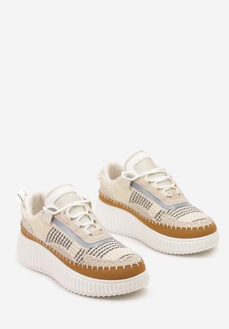 Beżowe Casualowe Sneakersy z Wiązaniem na Wzorzystej Grubej Podeszwie Aniata