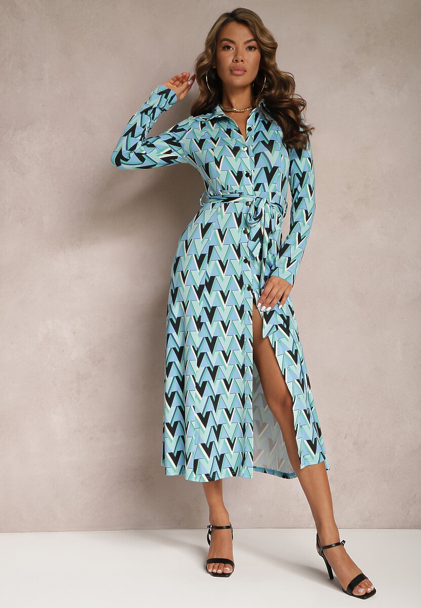 Niebieska Koszulowa Sukienka w Mozaikowy Wzór Wiązana w Pasie Azalie