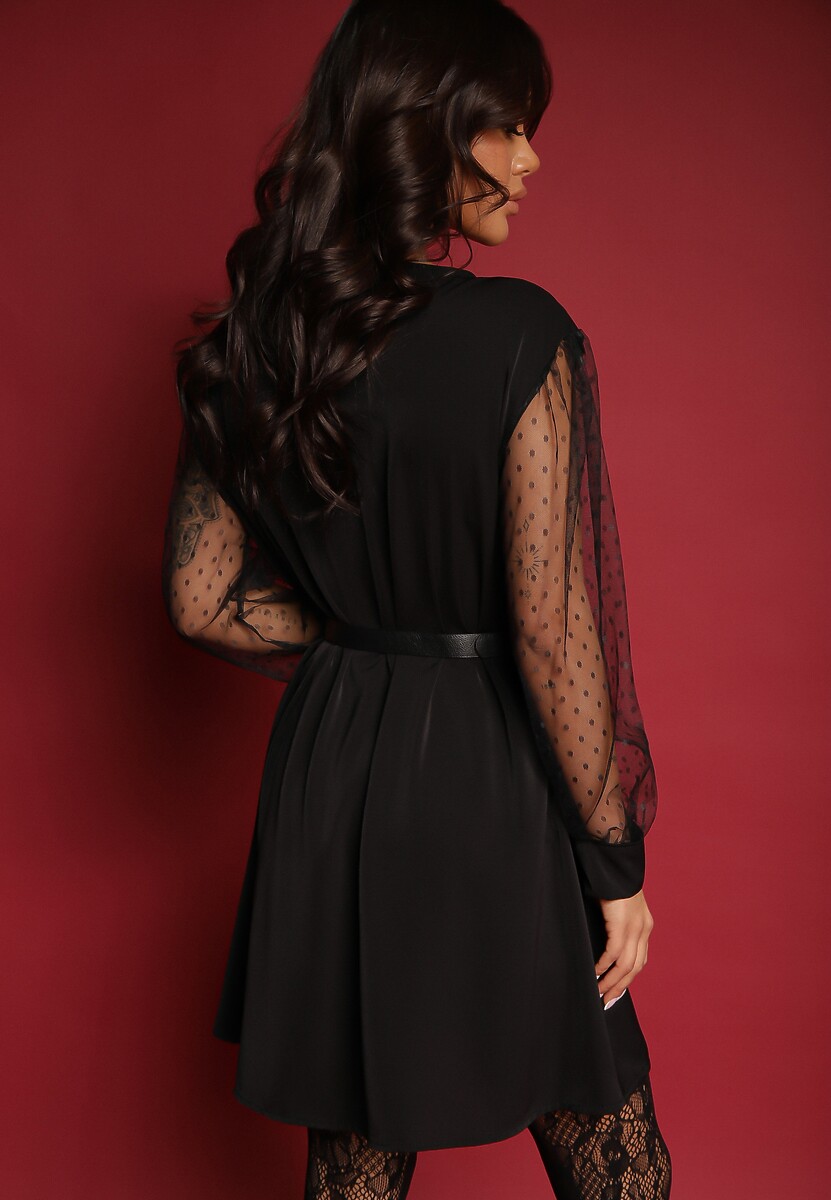 Czarna Pudełkowa Sukienka z Siateczkowymi Rękawami i Eleganckim Paskiem Dannielis