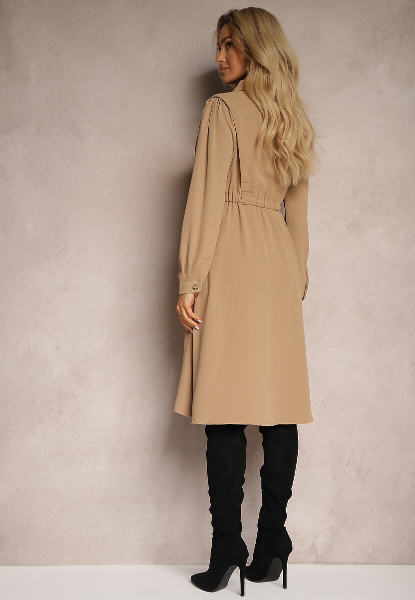 Brązowa Koszulowa Sukienka z Gumką w Talii i Paskiem z Klamerką Jenele