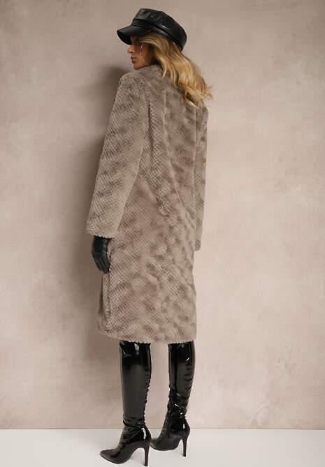 Szary Futrzany Płaszcz Ozdobiony Pikowaniem i Wsuwanymi Kieszeniami Vertissa