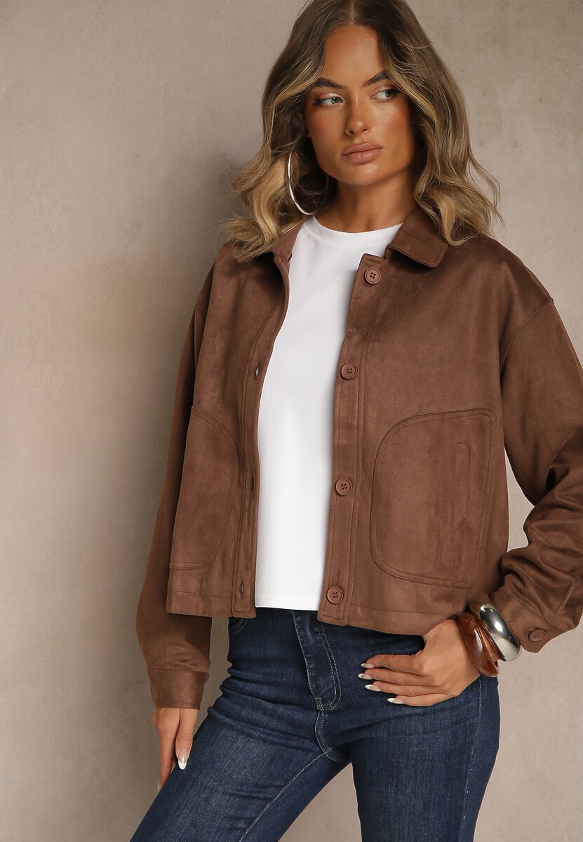 Beżowa Kurtka z Imitacji Zamszu o Koszulowym Kroju Aronelle