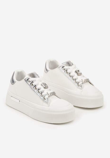 Biało-Srebrne Casualowe Sneakersy na Platformie Ozdobione Cyrkoniami i Metalicznymi Wstawkami Primaria