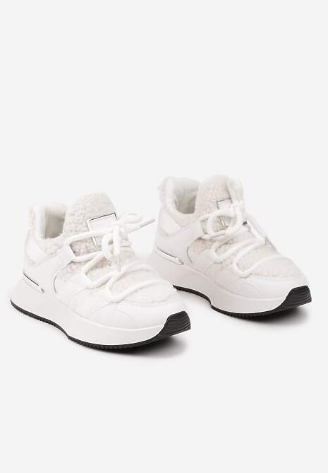 Białe Sneakersy Zimowe z Futerkiem Barankiem na Niskiej Platformie Zinethia
