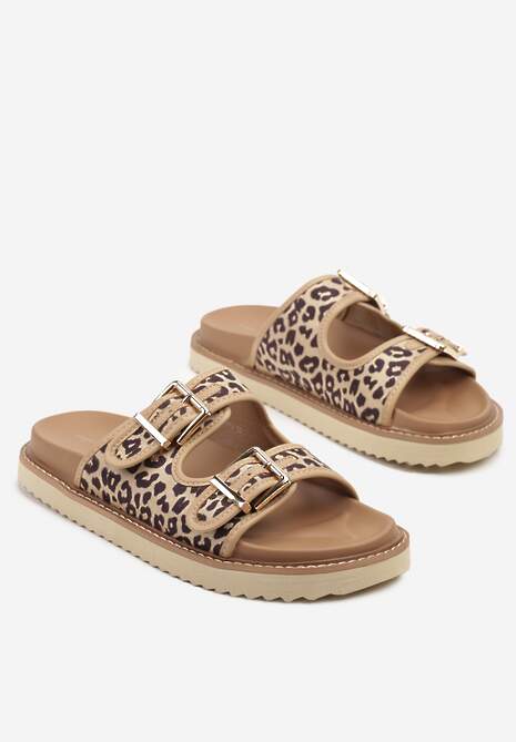 Beżowe Panterkowe Casualowe Klapki z Paskami ze Sprzączkami Palamara