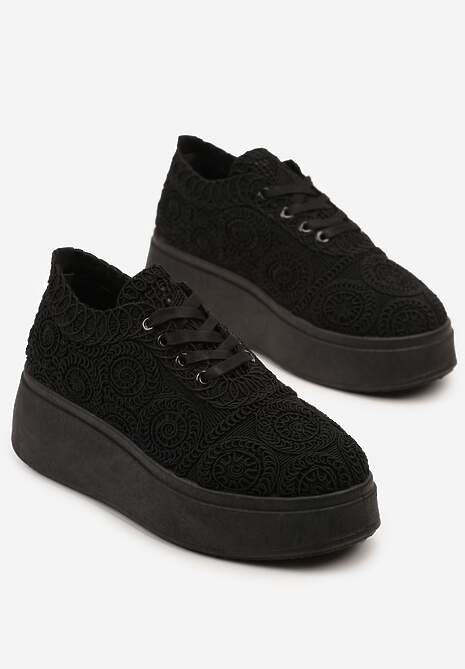 Czarne Szydełkowe Sneakersy Typu Tenisówki na Platformie Filalena