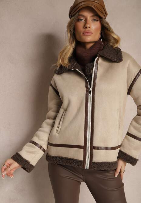 Beżowa Kurtka z Ekozamszu o Prostym Kroju z Kołnierzykiem i Futerkiem Ninnova