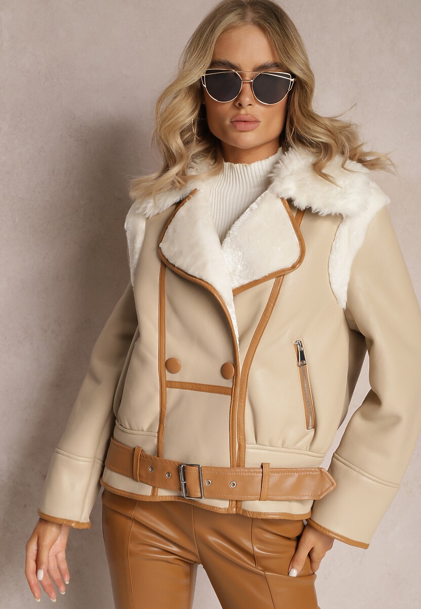 Czarna Kurtka Biker z Ozdobną Lamówką Paskiem z Klamrą i Futerkiem Liraeua