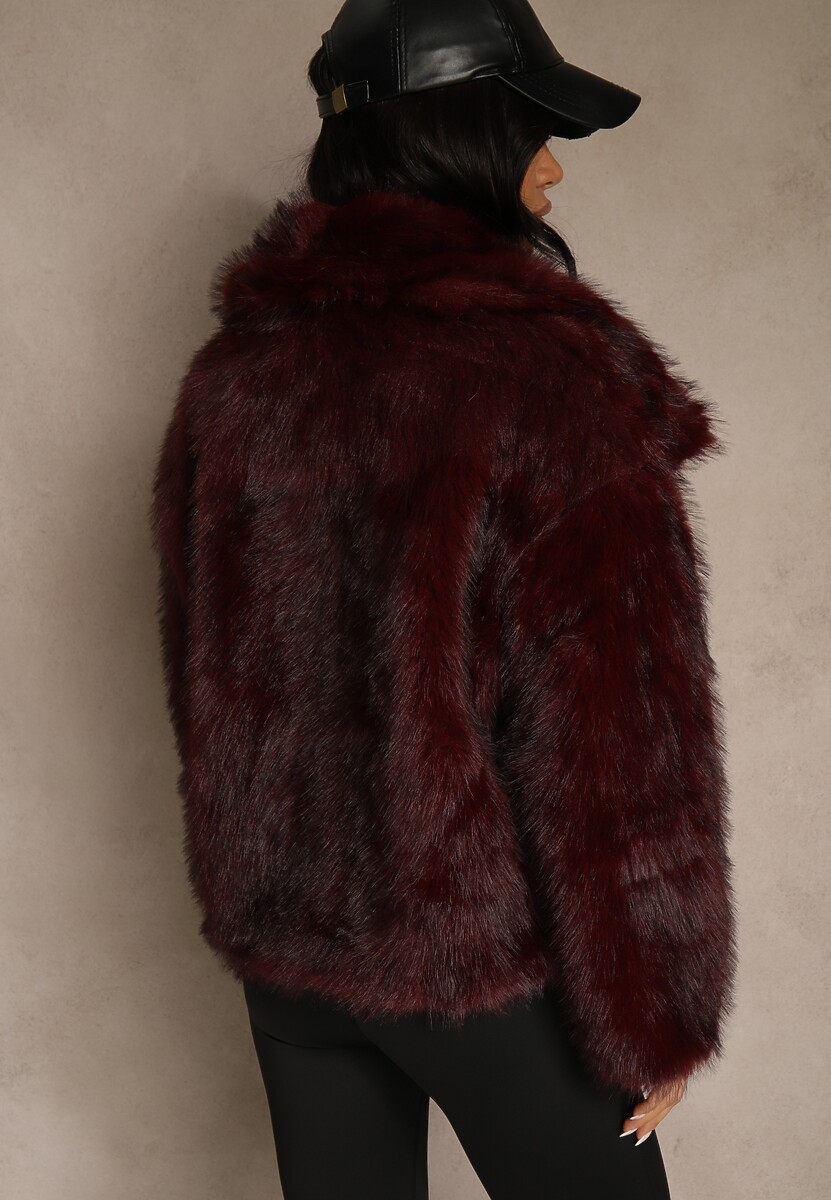 Bordowa Kurtka ze Sztucznego Futra Ozdobiona Kołnierzem Meriian