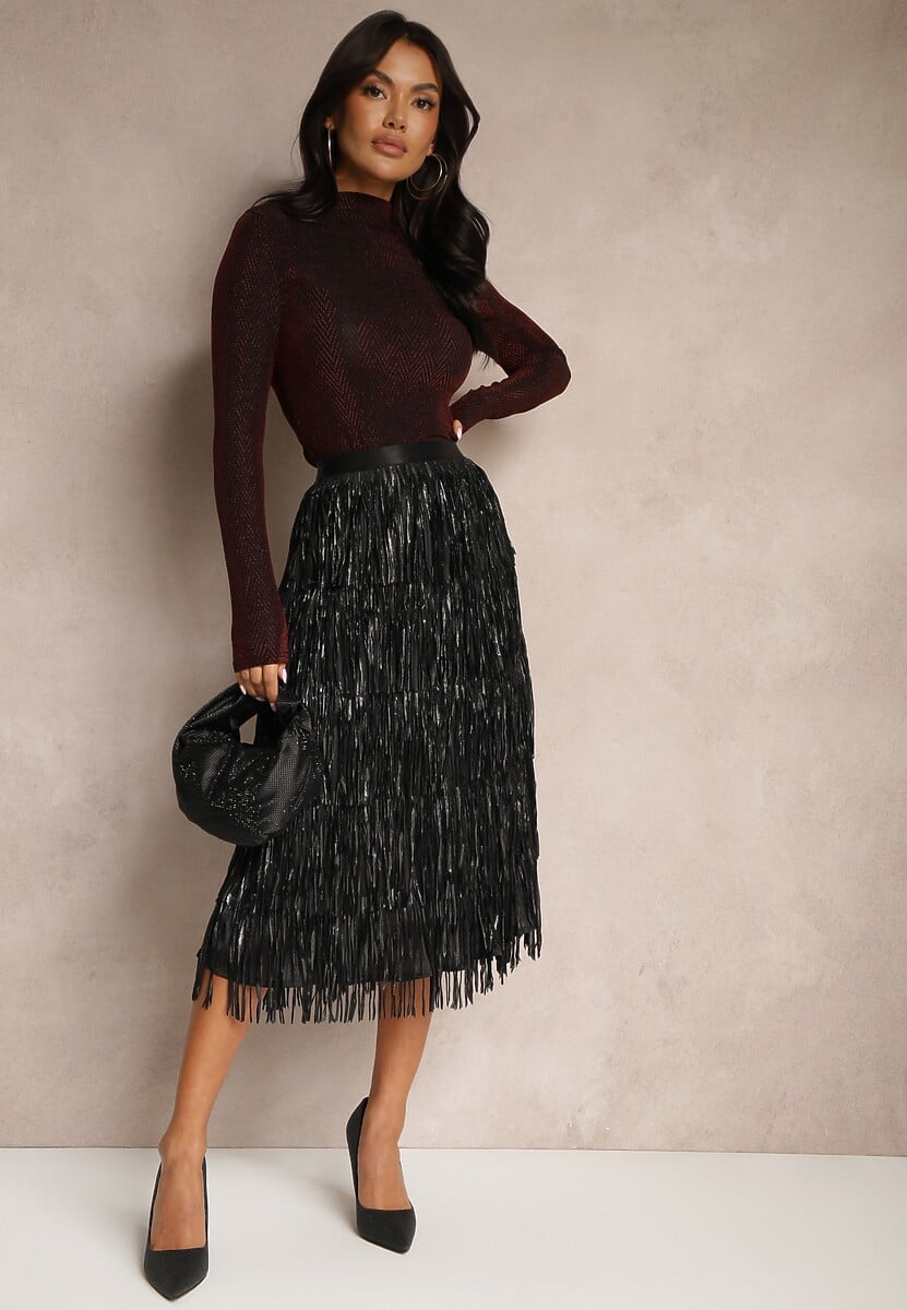 Bordowa Bluzka z Półgolfem i Wiskozą Ozdobiona Metaliczną Nitką Zoladi