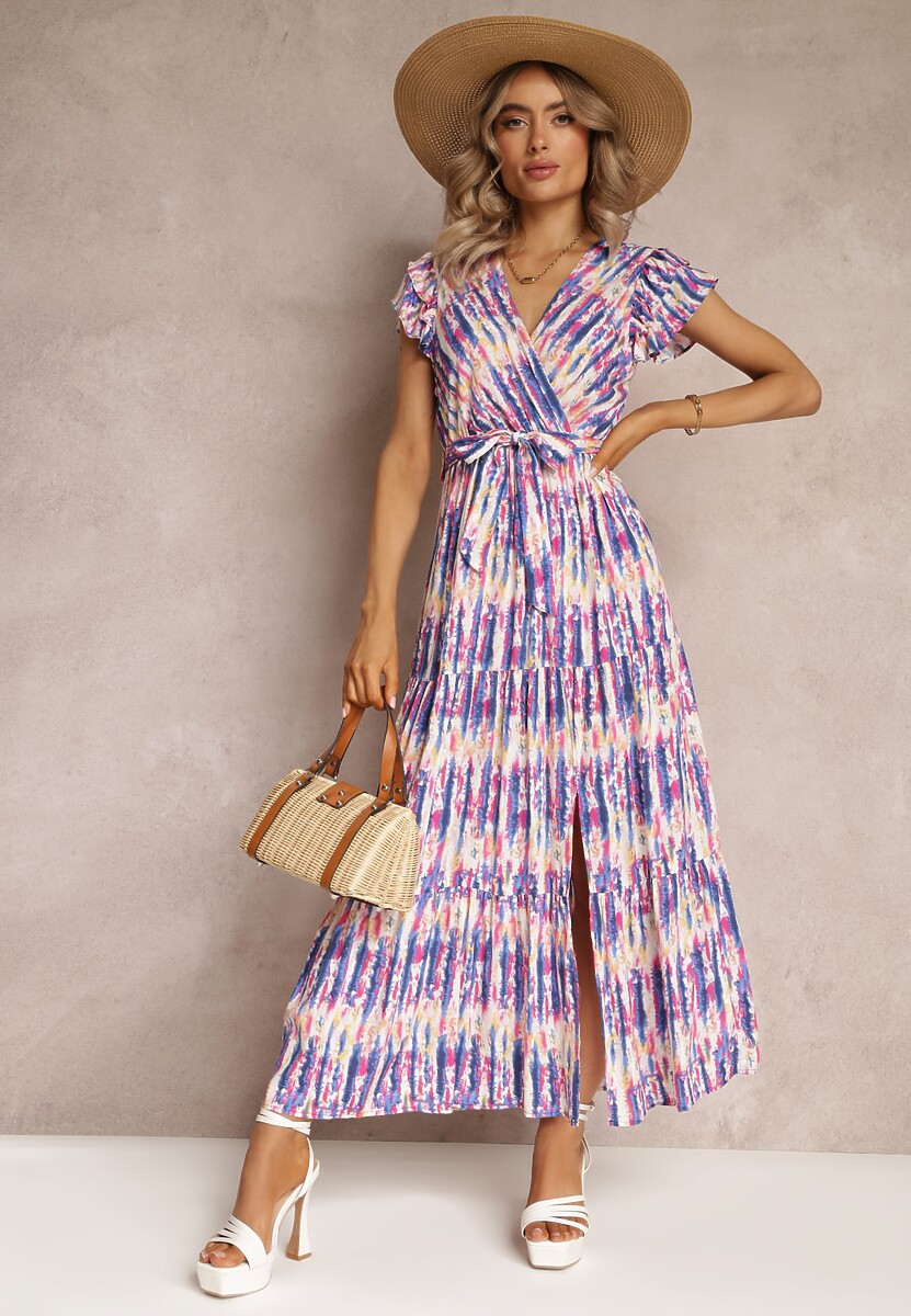 Fioletowa Rozkloszowana Sukienka Maxi z Wiskozy i Rozcięciem Caliste