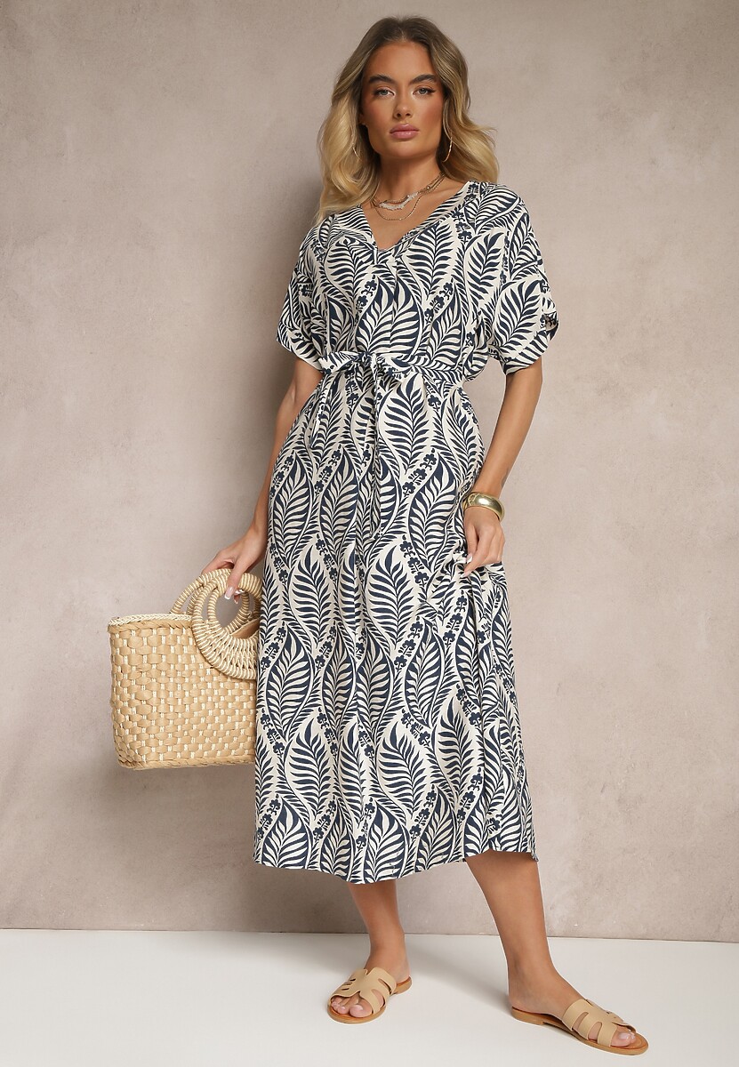 Czerwona Sukienka z Wiskozy Ozdobiona Paskiem i Motywem Liści Belozi