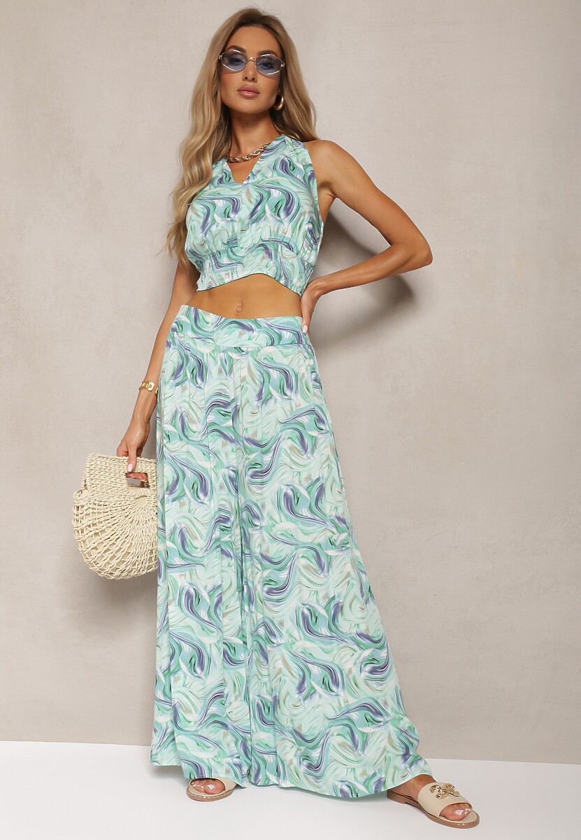 Zielony Komplet Boho z Bawełny Krótki Top na Ramiączkach z Gumką Szerokie Spodnie Rasida