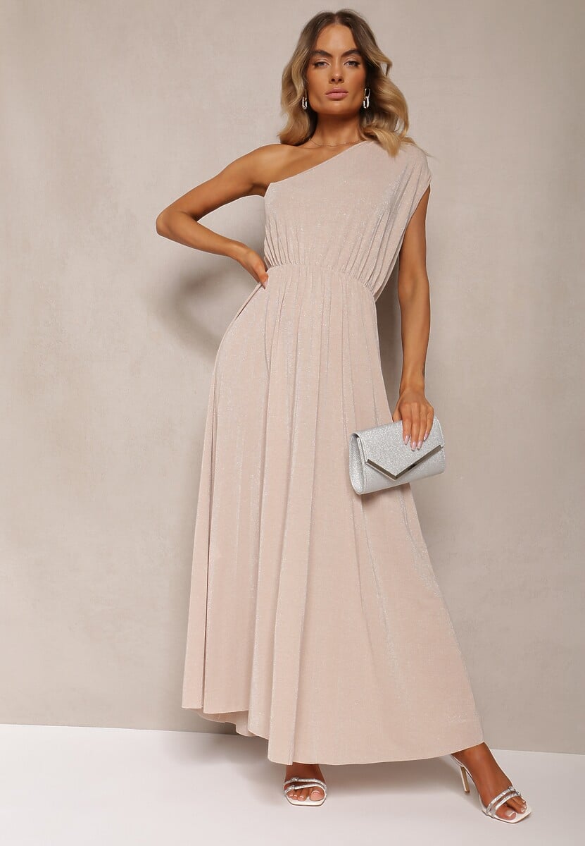 Beżowa Plisowana Sukienka na Jedno Ramię z Gumką w Pasie Nansah