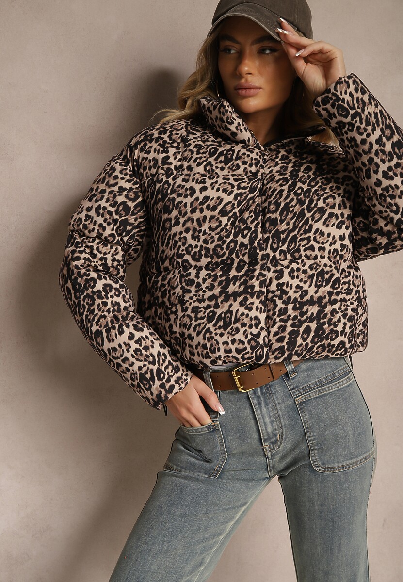 Brązowa Panterkowa Kurtka Pikowana o Krótkim Kroju ze Ściągaczami Ivilda