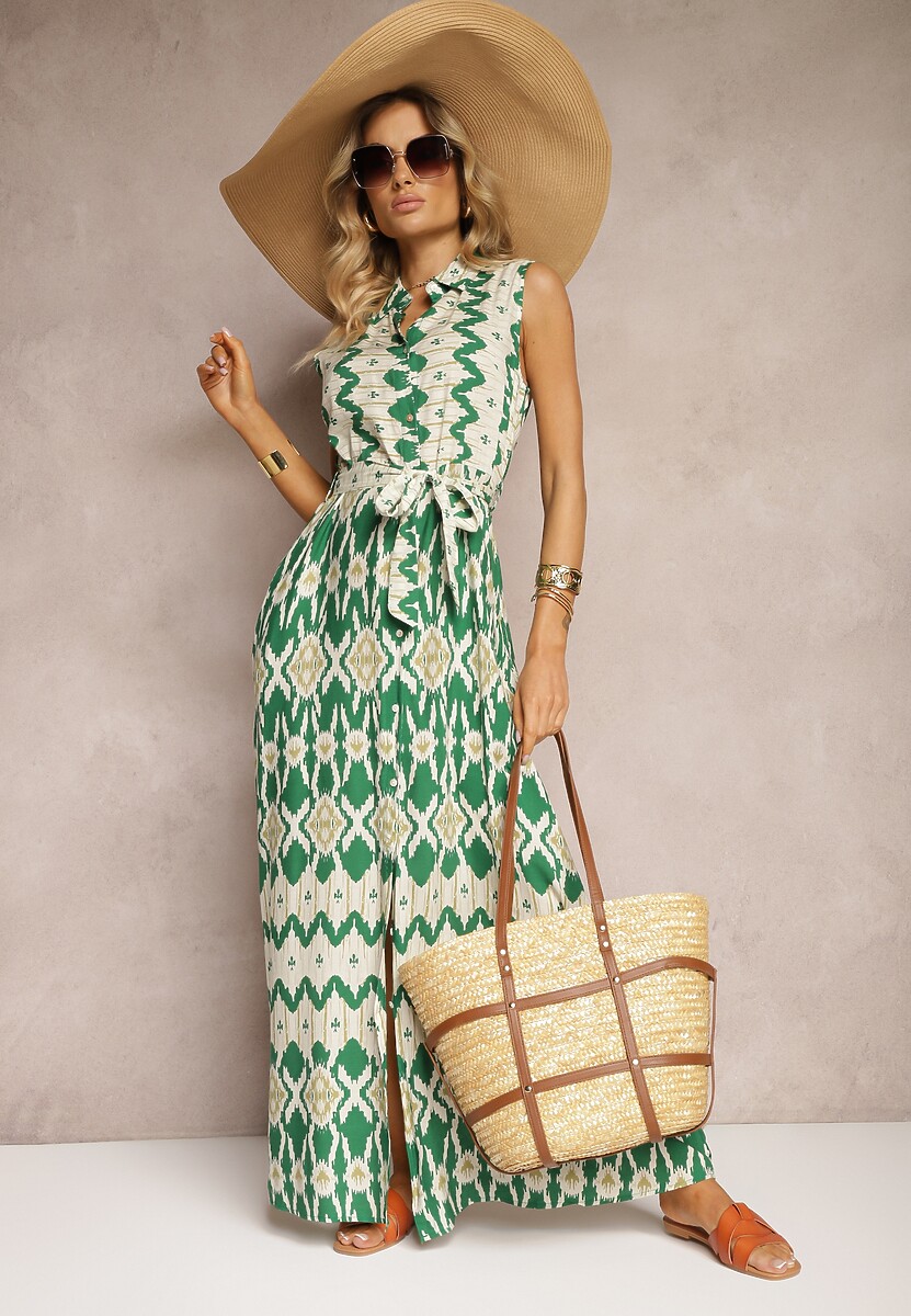 Zielona Wiskozowa Sukienka w Koszulowym Stylu z Materiałowym Paskiem w Talii Drevima