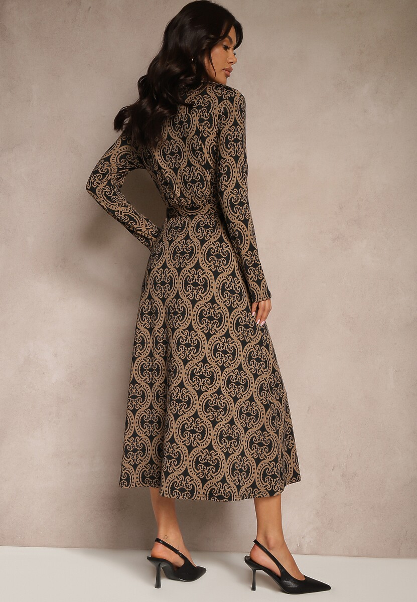 Brązowa Wzorzysta Sukienka z Wiskozą o Koszulowym Kroju Ozdobiona Wiązanym Paskiem Evelitha