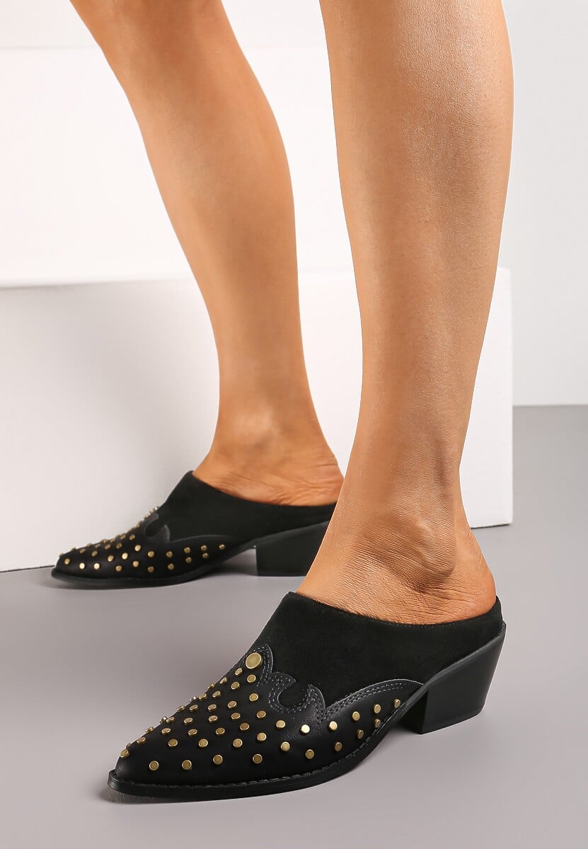 Czarne Klapki Mule w Stylu Kowbojek na Niskim Stożku Ozdobione Nitami Nalkeda