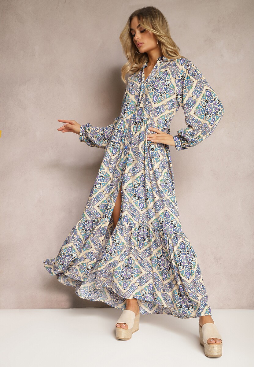 Niebiesko-Beżowa Wiskozowa Sukienka o Rozkloszowanym Kroju z Falbanką i Guzikami Orines