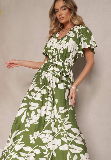 Zielona Wiskozowa Sukienka Rozkloszowana w Kwiaty z Paskiem Flornelia