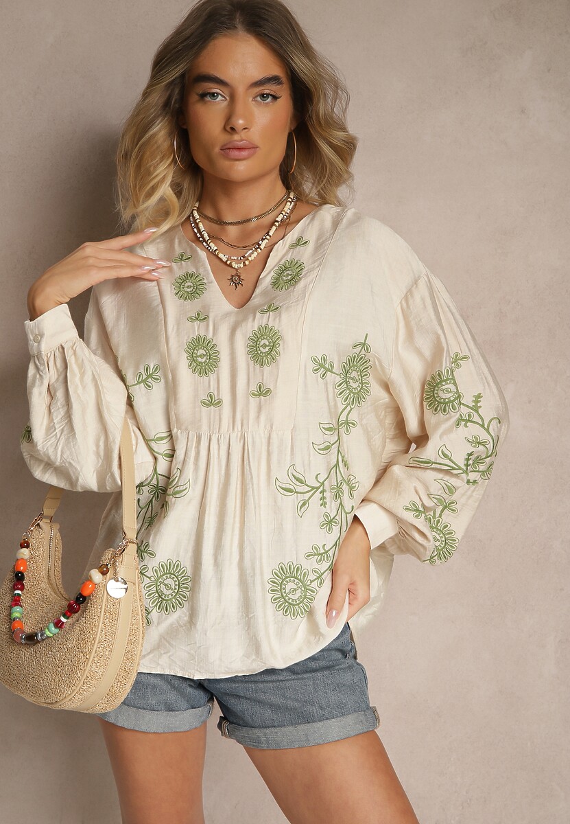 Beżowa Bluzka z Wiskozą i Haftowanym Wzorem Novalisse