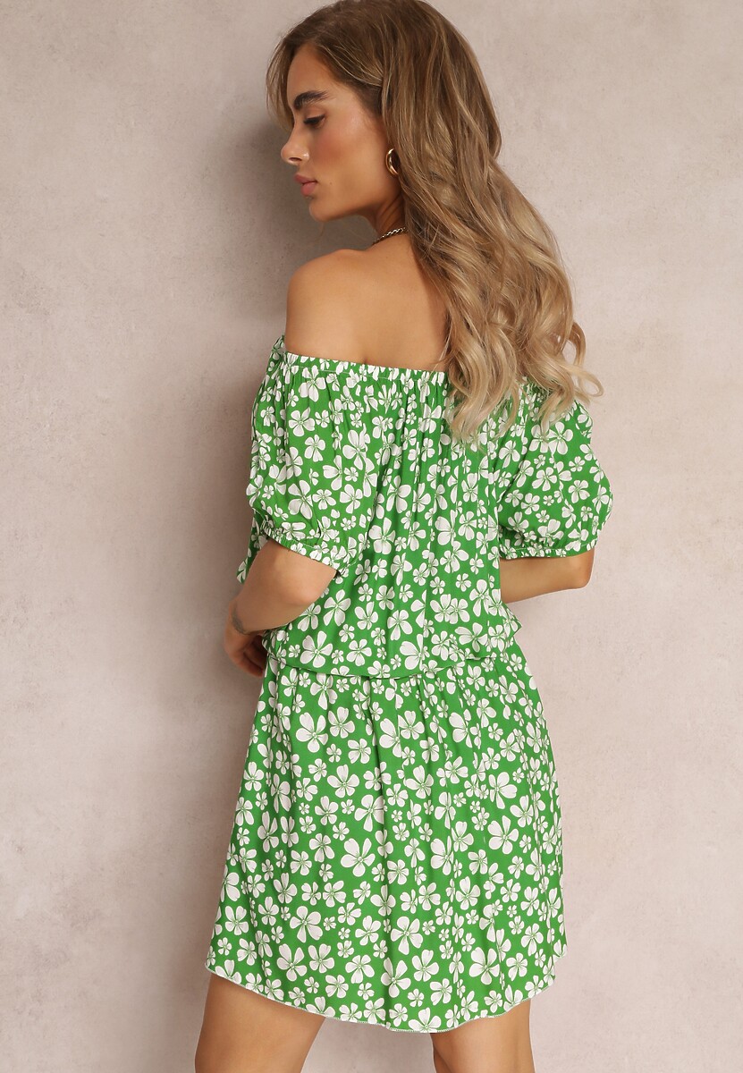 Zielona Wiskozowa Sukienka Mini Hiszpanka z Gumką w Pasie Bradite