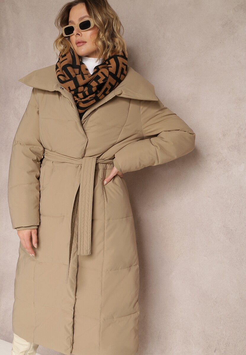 Ciemnobeżowa Kurtka za Kolano Pikowana Chadi
